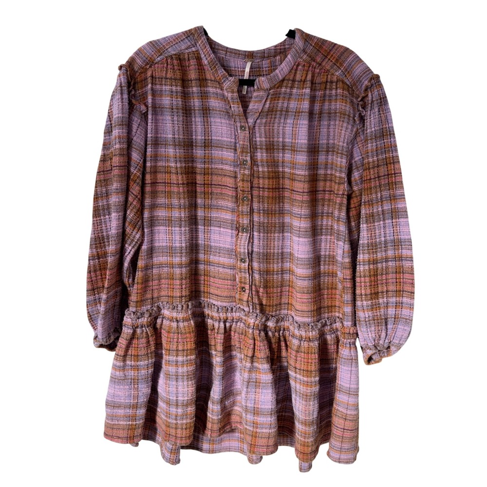Free People Alexa Plaid Mini Dress Purple Orange Textured Cotton‎ Babydoll Sz M